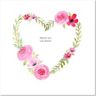 Pink Rose Wreath- Believe You will Bloom Posters and Art